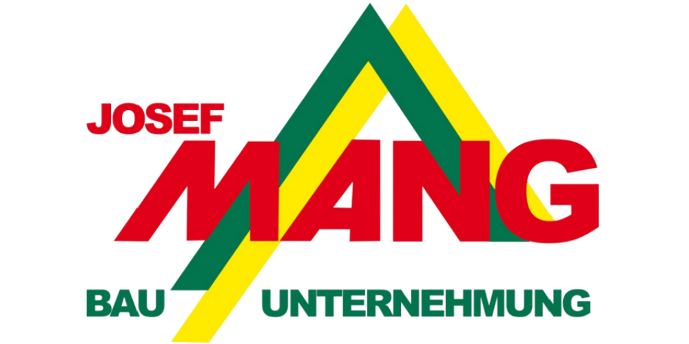 Logo Josef Mang Bau Unternehmung: Roter Text auf grünem Hintergrund mit gelb-grünen Dreiecken.