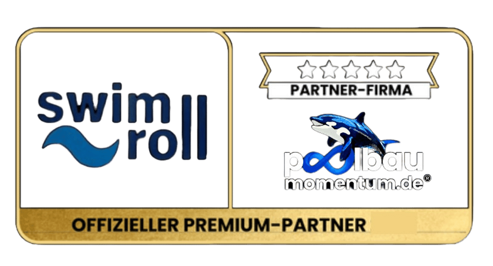 Swimroll und Poolbau Marketing Logos mit 5 Sternen, Aufschrift „OFFIZIELLER PREMIUM-PARTNER 2024“.