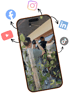 Smartphone-Display zeigt Fotografen bei der Arbeit, umgeben von Social-Media-Icons für Instagram, Facebook, YouTube und LinkedIn.