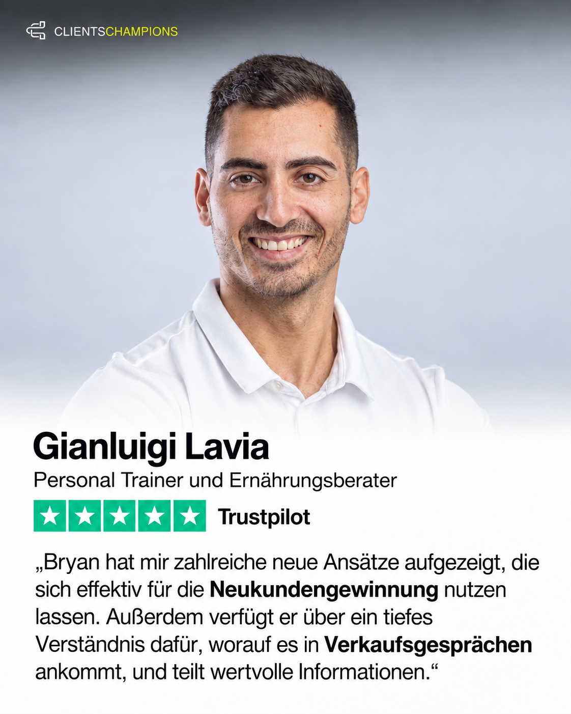 Kundenbewertung von Gianluigi Lavia mit Porträt und fünf Sternen