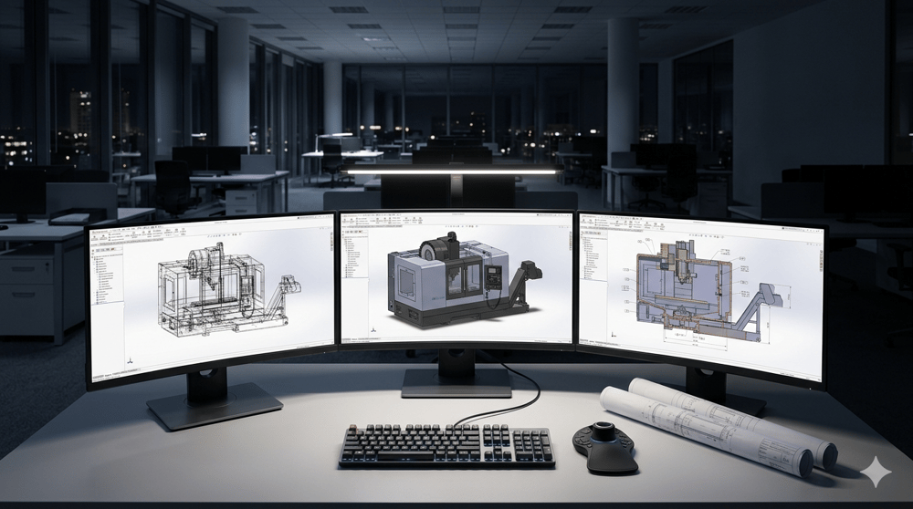 CAD-Entwürfe auf drei Monitoren
