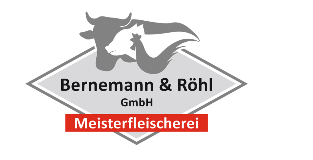 Logo der Meisterfleischerei Bernemann & Röhl GmbH mit Kuh- und Hühner-Schattenbildern über einer Raute.