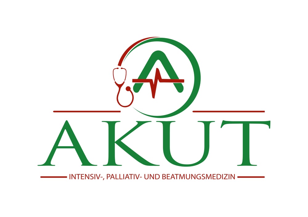 AKUT Logo: Grüner Kreis mit Stethoskop und Herzschlag, darunter "AKUT INTENSIV-, PALLIATIV- UND BEATMUNGSMEDIZIN"