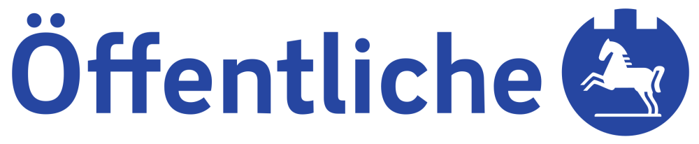 Blauer Text "Öffentliche" mit einem blauen Kreis, der ein stilisiertes Pferd und ein Gebäude zeigt.