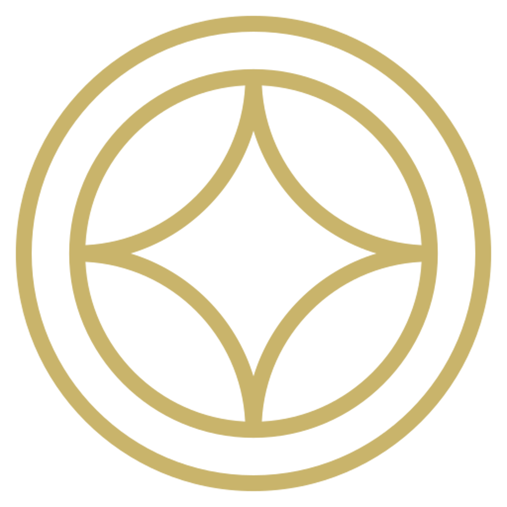 Goldenes kreisförmiges Logo mit inneren Linien, die eine Raute und vier geschwungene Abschnitte bilden.