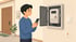 Ein junger Mann blickt besorgt auf sein Smartphone vor einem geöffneten Stromkasten mit Stromzähler an der Wand.