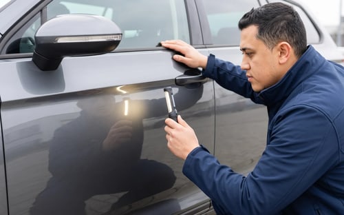 KFZ-Sachverständiger prüft ein repariertes Fahrzeug für die Reparaturbestätigung