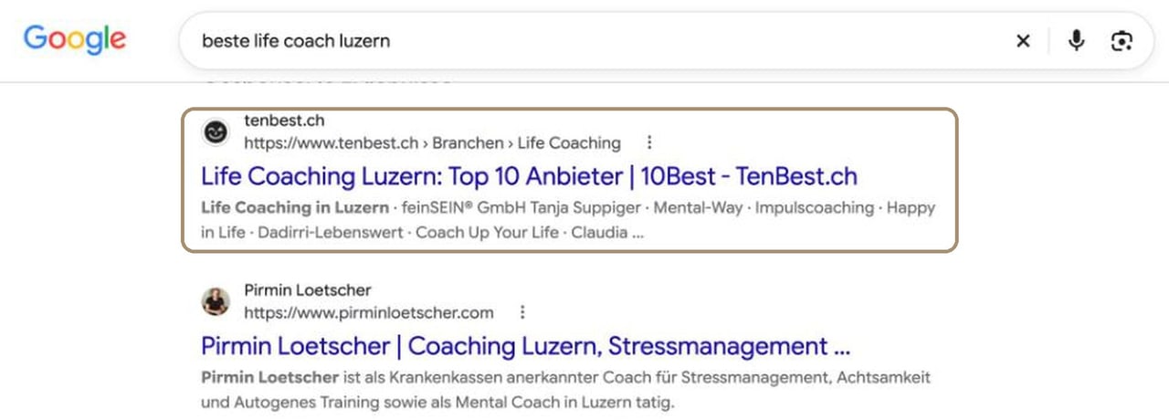 Google-Suche nach «beste life coach luzern»: tenbest.ch steht als erstes organisches Ergebnis ganz oben.