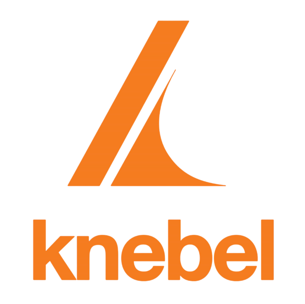 Orangefarbenes Knebel Logo mit einem stilisierten Buchstaben K auf blauem Hintergrund.