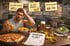 Mann mit Burger blickt auf ungesundes Essen. Notizen: "Zu viele Snacks", "Zu viel Alkohol", "Portionsgröße?". "ABNEHM PLAN?"