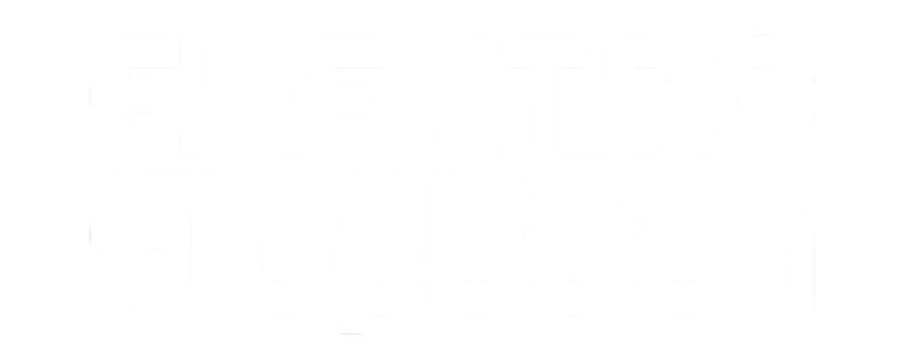 Roter Text "ELEKTRO Floßbach" mit einem Blitz, der das "R" und "F" verbindet.