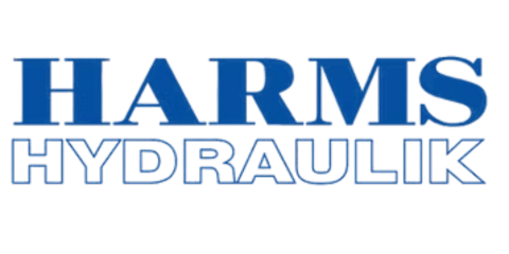 Blauer Schriftzug "HARMS HYDRAULIK" auf dunklem Hintergrund.