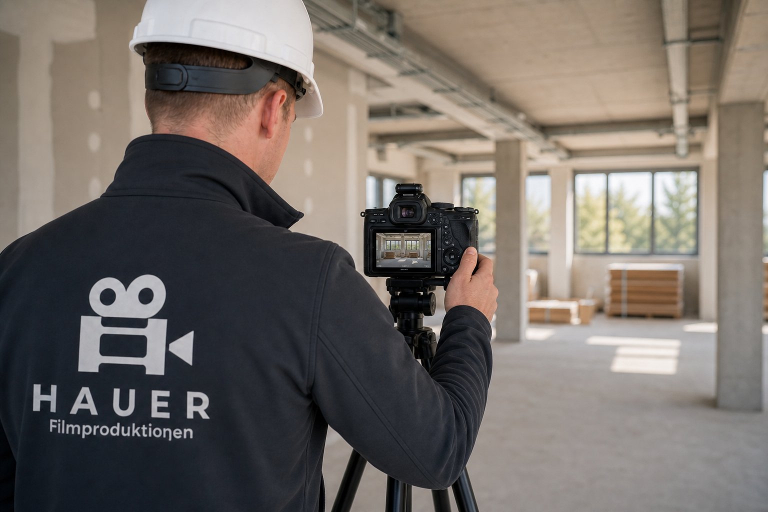 Manuel Hauer fotografiert mit der Kamera auf dem Stativ im Rohbau
