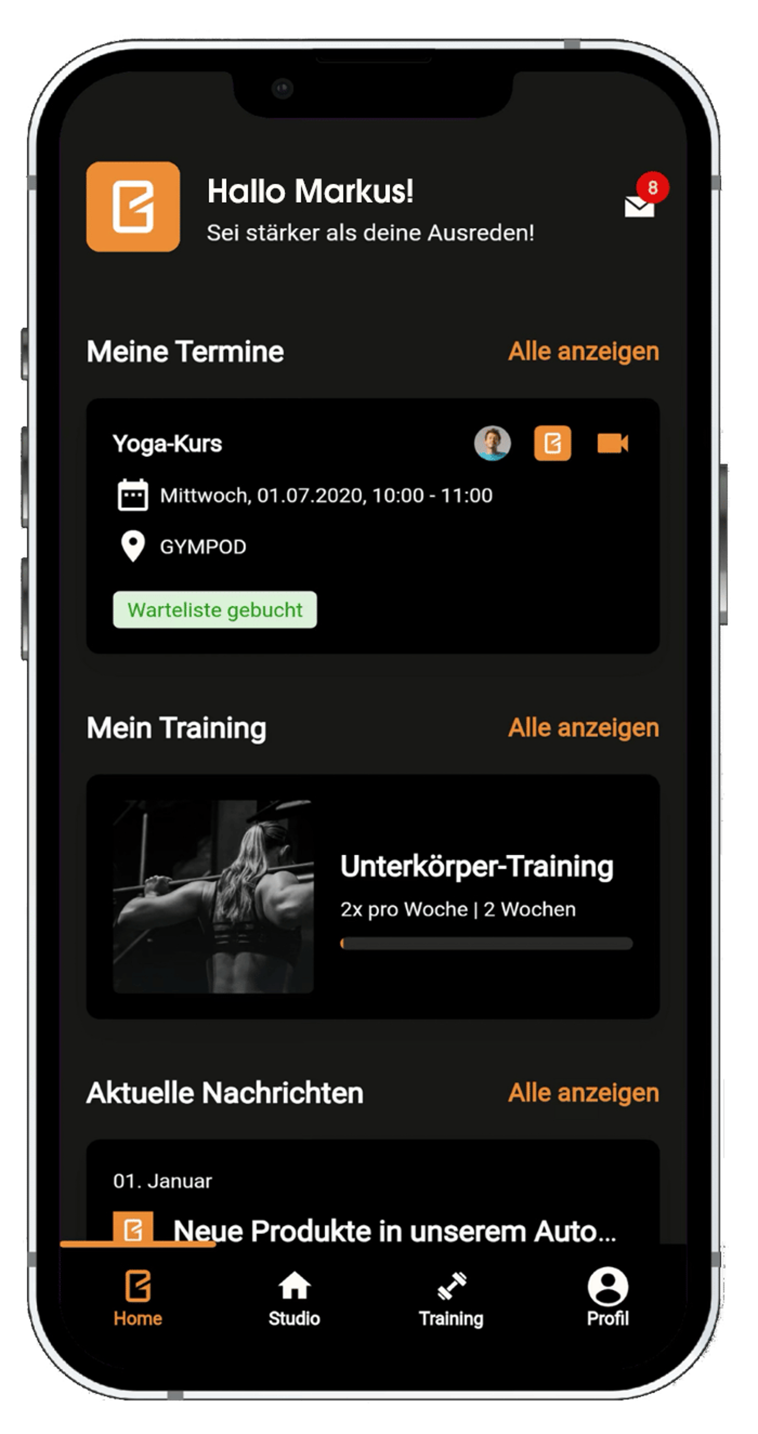 Smartphone mit der GYMPOD App