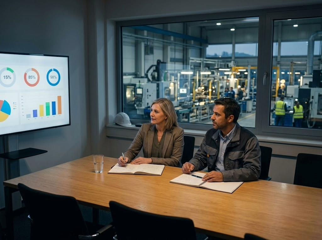 Review-Meeting HR und Werksleitung im Konferenzraum.