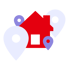 Rotes Haus umgeben von drei Standort-Pins in Lila und Hellblau.