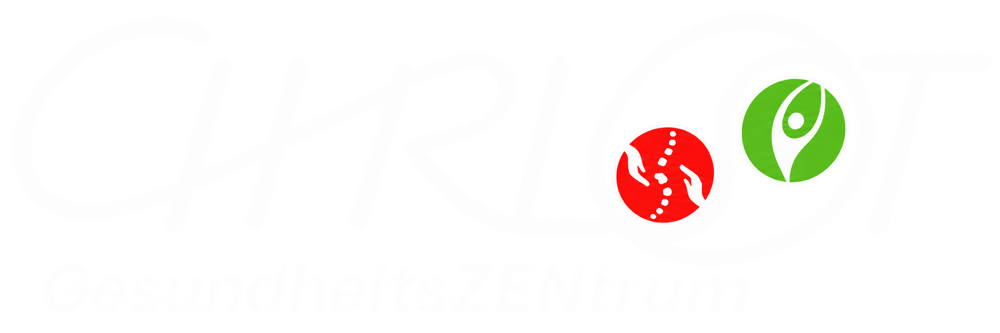 Logo von CHRLOOT GesundheitsZENtrum mit Yin-Yang-Symbol, Wirbelsäule, Händen und stilisierter Figur auf schwarzem Grund.