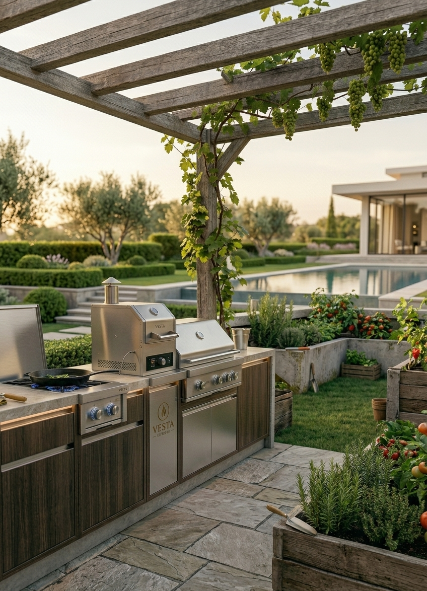 Luxuriöse Außenküche "Der Performer" mit Gasgrill, Pizzaofen und VESTA-Logo unter einer holzbewachsenen Pergola.
