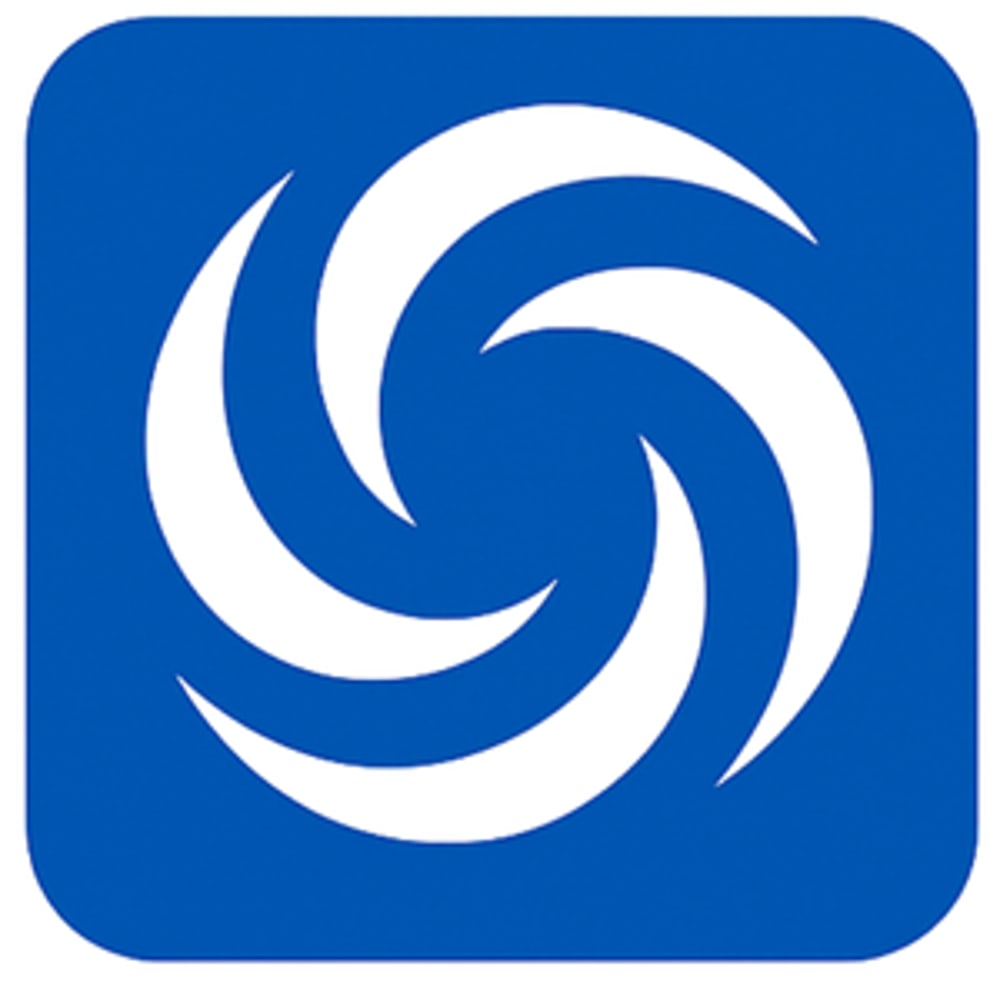 Blaues Quadrat mit drei weißen, sich drehenden Halbmondformen, die einen Wirbel bilden.