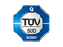 TÜV SÜD ISO 9001 Logo auf dunkelgrünem Hintergrund.