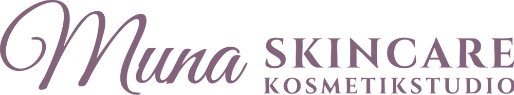Muna Skincare Kosmetikstudio Logo, violetter Text auf grünem Hintergrund.
