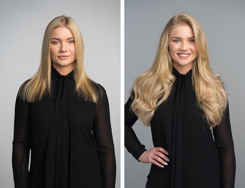 Frau mit kurzem blondem Haar links, die gleiche Frau mit langem, gewelltem blondem Haar rechts.