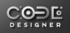 Silbernes "CODE DESIGNER" Logo auf dunklem Hintergrund, wobei "CODE" oben größer und stilisiert ist.