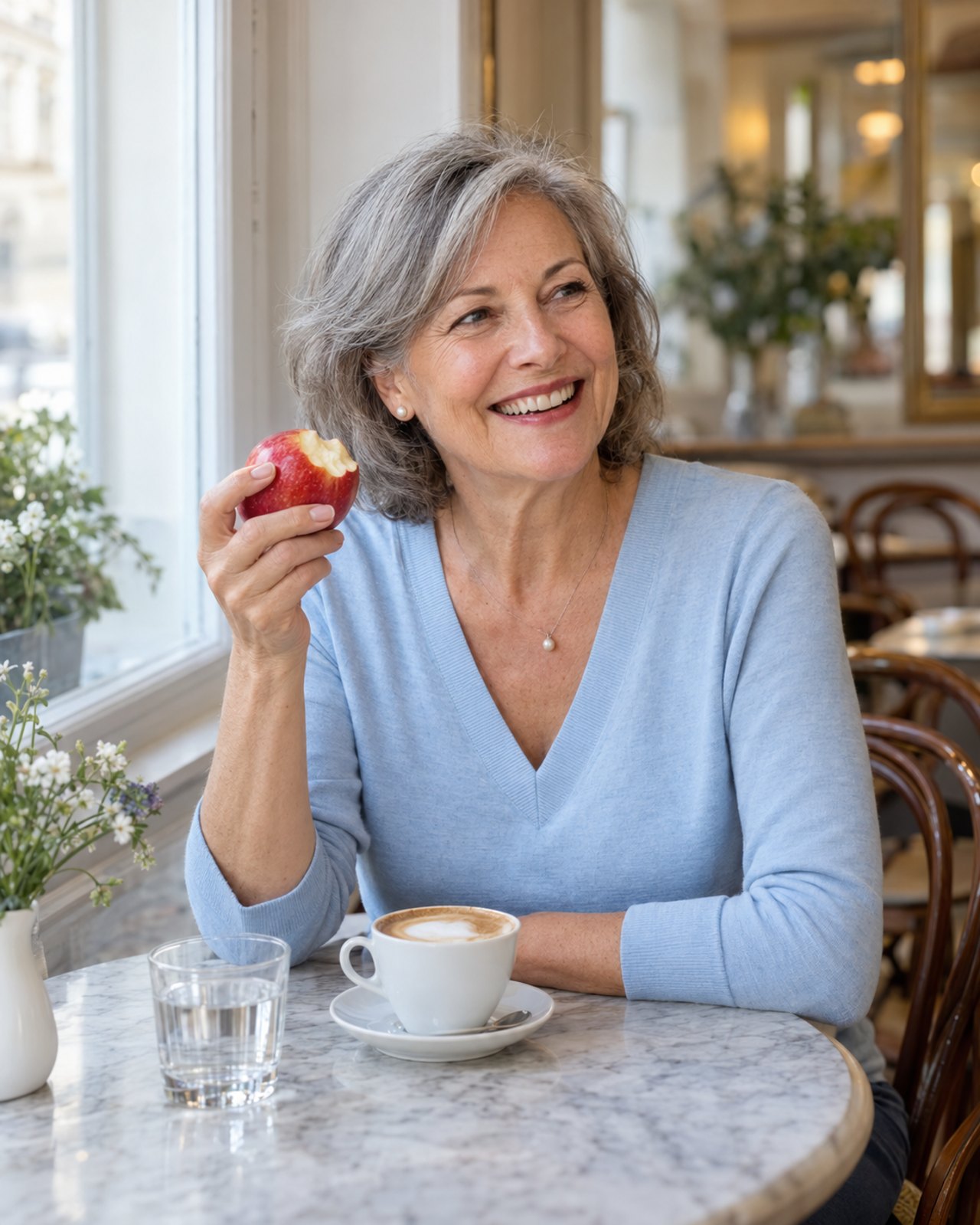Frau lacht im Kaffeehaus und hält einen angebissenen Apfel
