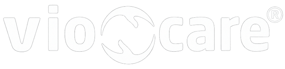 vio care® Logo in Weiß auf dunkelgrünem Hintergrund.