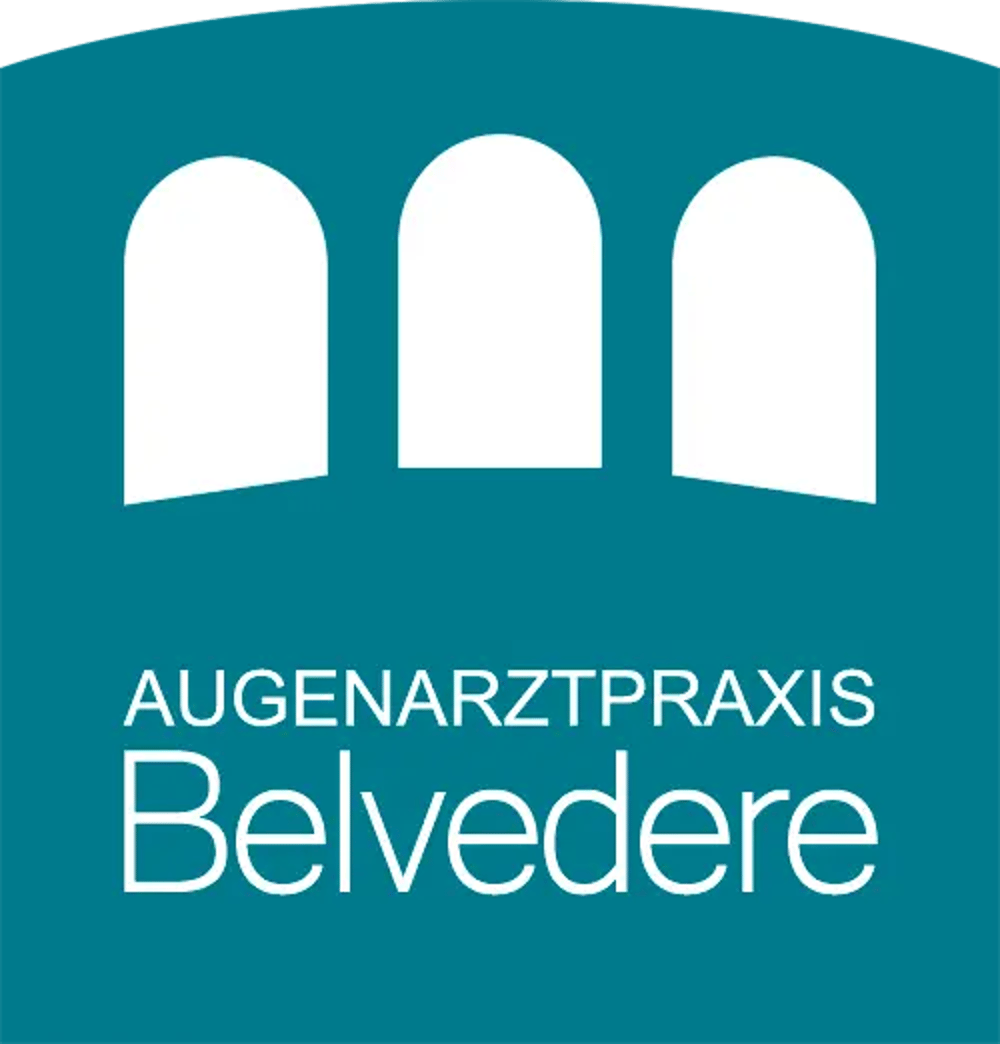 Logo der Augenarztpraxis Belvedere mit drei weißen Rundbögen auf türkisfarbenem Hintergrund.