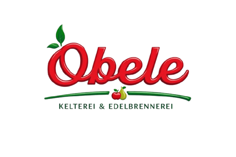 Rotes "Obele" Logo mit Apfel und Birne; Text "KELTEREI & EDELBRENNEREI" auf grünem Hintergrund.