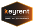 Keyrent Smart Access Partner Logo mit orange-weißem Text auf dunklem, sechseckigem Hintergrund.