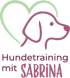Logo Hundetraining mit Sabrina zeigt einen violetten Hundekopf vor einem grünen Herz auf schwarzem Hintergrund.