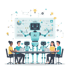 Ein großer Roboter präsentiert Daten auf einem Bildschirm vor fünf Personen und zwei kleinen Robotern an einem Tisch.