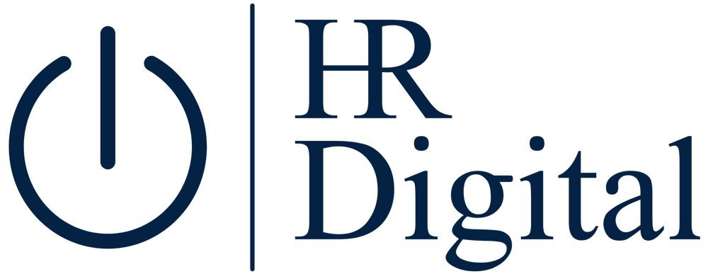 Logo: Einschaltknopf-Symbol und die Worte "HR Digital" in dunkelblau auf grünem Hintergrund.