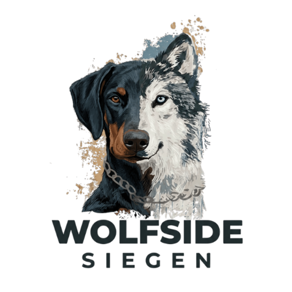 Geteiltes Porträt eines Dobermanns und eines Wolfes mit dem Schriftzug Wolfside Siegen auf schwarzem Hintergrund.