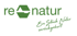 Grünes Logo mit "re natur" und einem stilisierten Pfeil in einem Sechseck. Darunter steht "Ein Stück Natur zurückgeholt".