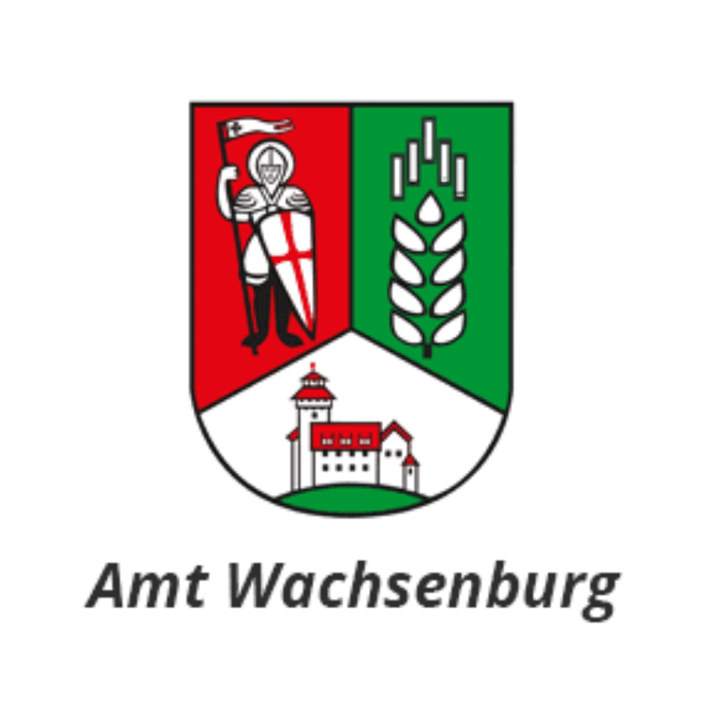 Logo von Lügde: Rote Skyline, blauer Hügel, Schriftzug "Lügde Staatlich anerkannter Erholungsort".