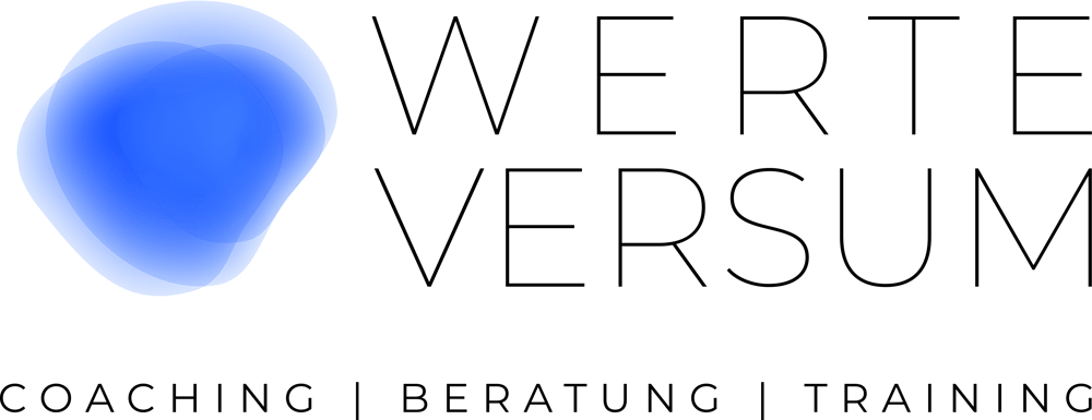 Logo mit blauem, unregelmäßig geformtem Kreis und schwarzem Text "WERTE VERSUM".