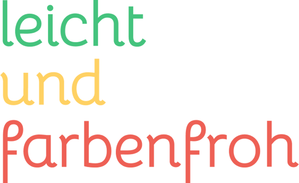 Der Schriftzug „leicht und farbenfroh“ in Grün, Gelb und Rosa auf schwarzem Hintergrund.