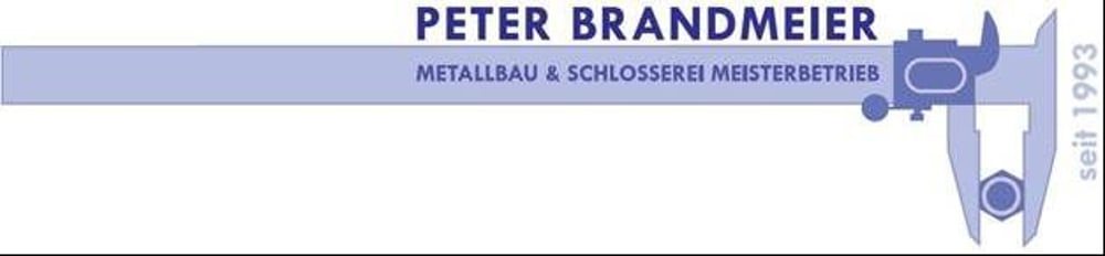 Logo: "Peter Brandmeier Metallbau & Schlosserei Meisterbetrieb seit 1993" mit Messschieber, der eine Schraube misst.