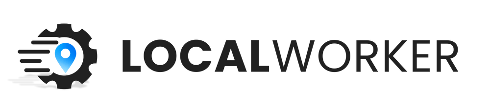 Weißes Zahnrad mit blauem Standortsymbol und Text "LOCALWORKER" auf grünem Hintergrund.