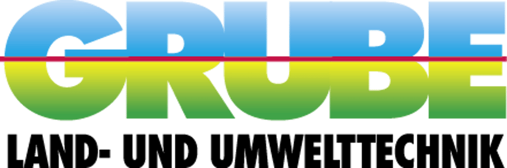 GRUBE LAND- UND UMWELTTECHNIK Logo mit blau-grüner Schrift und rotem Strich.