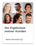 Kopfporträts von sechs lächelnden Männern und Frauen mit dem Text "Die Ergebnisse meiner Kunden" und "Mehr erfahren".