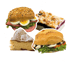 Vier Backwaren: belegtes Brötchen, Caprese-Brötchen, Streuselkuchen, Käsekuchen.