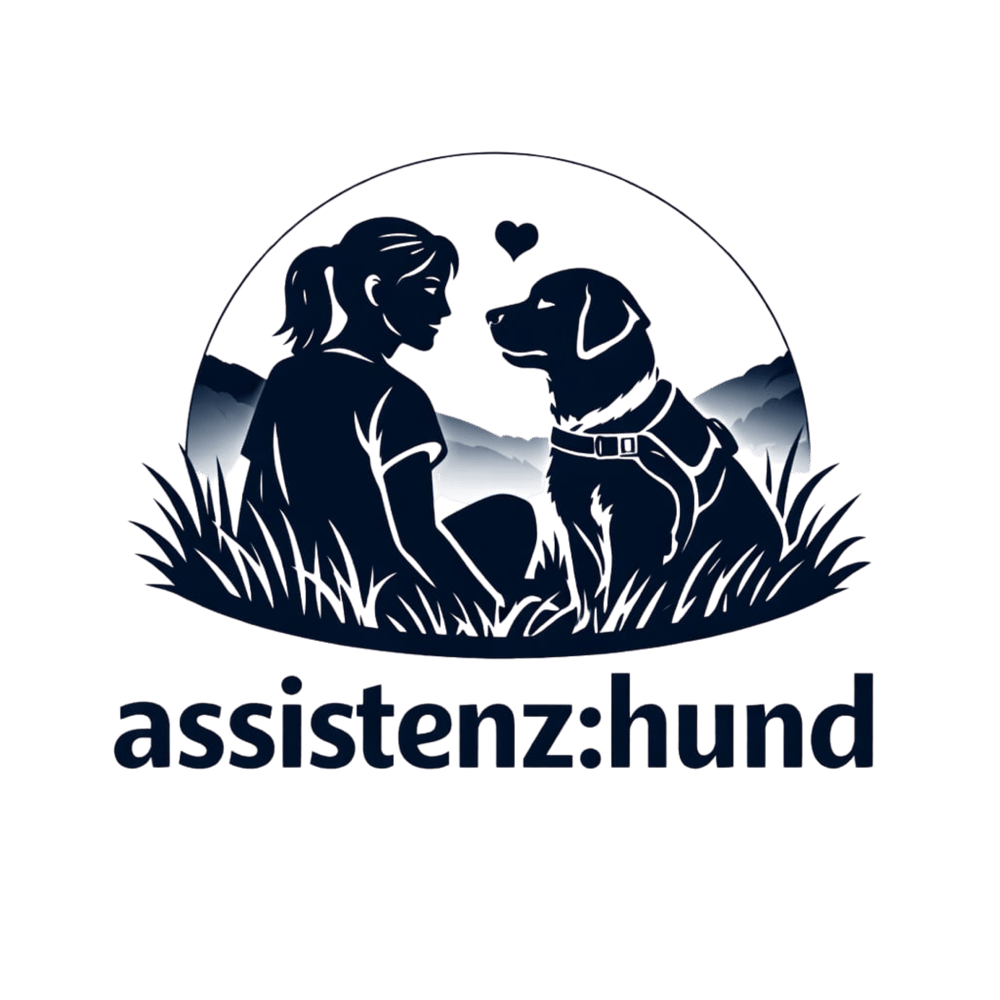 Logo von Assistenz‑Hund.at – zeigt eine Frau und einen Assistenzhund, die sich gegenüber sitzen, mit Herzsymbol über ihnen.