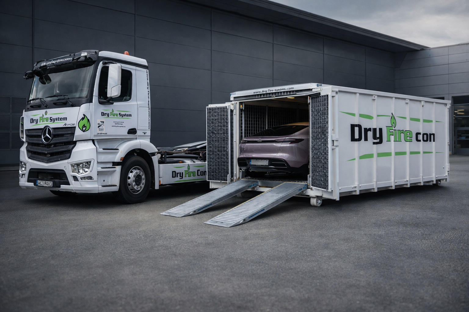 Dry Fire Con als Abrollbehälter auf dem Transportfahrzeug