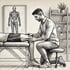 Physiotherapeut untersucht das Knie eines Patienten auf einer Behandlungsliege, im Hintergrund ein Skelettmodell und ein Regal.
