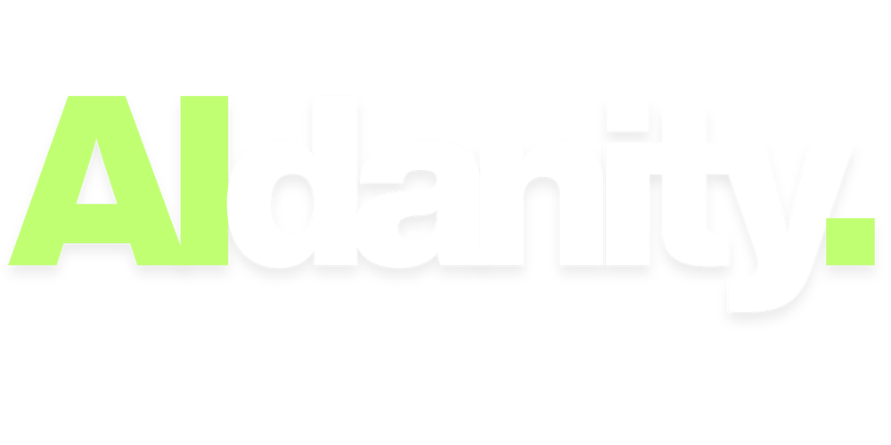 Das Logo "Aldanity." zeigt "Alda" in Hellgrün und "nity." in Weiß mit einem schwarzen Schatten.