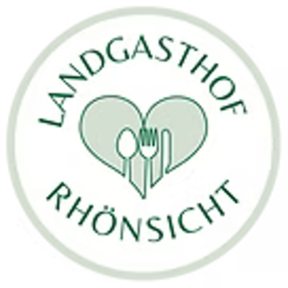 Rundes Logo mit "LANDGASTHOF RHÖNSICHT" und einem Herz, das einen Löffel, eine Gabel und ein Messer umschließt.